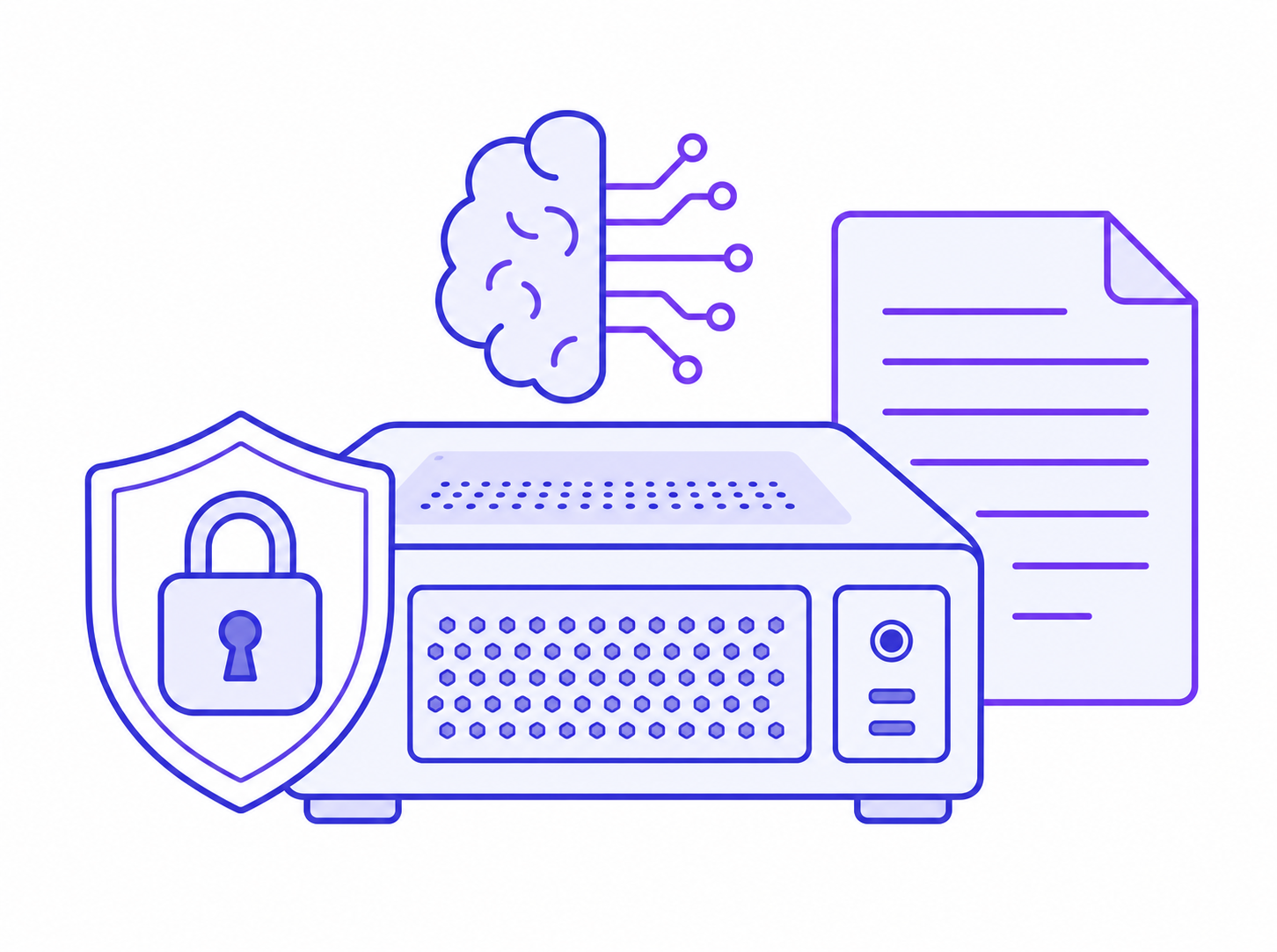 LocalMind Box private AI appliance connected to an office document library